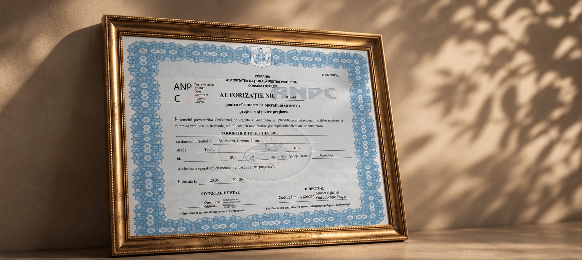 Autorizație ANPC și marcă de responsabilitate &ndash; atelier StilUnic autorizat pentru metale și pietre prețioase