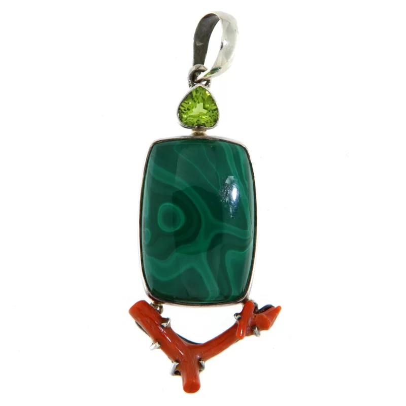 Pandant din Argint 925 Malachit Coral Peridot Naturale - Sinergie de Culori și Energie