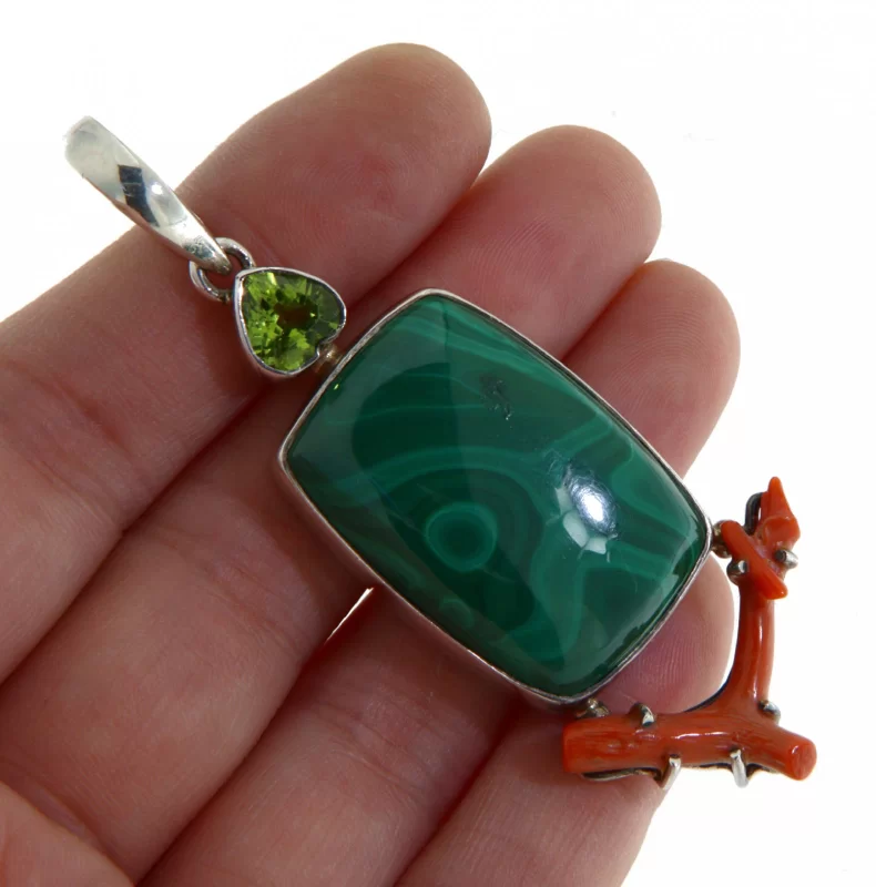 Pandant din Argint 925 Malachit Coral Peridot Naturale - Sinergie de Culori și Energie