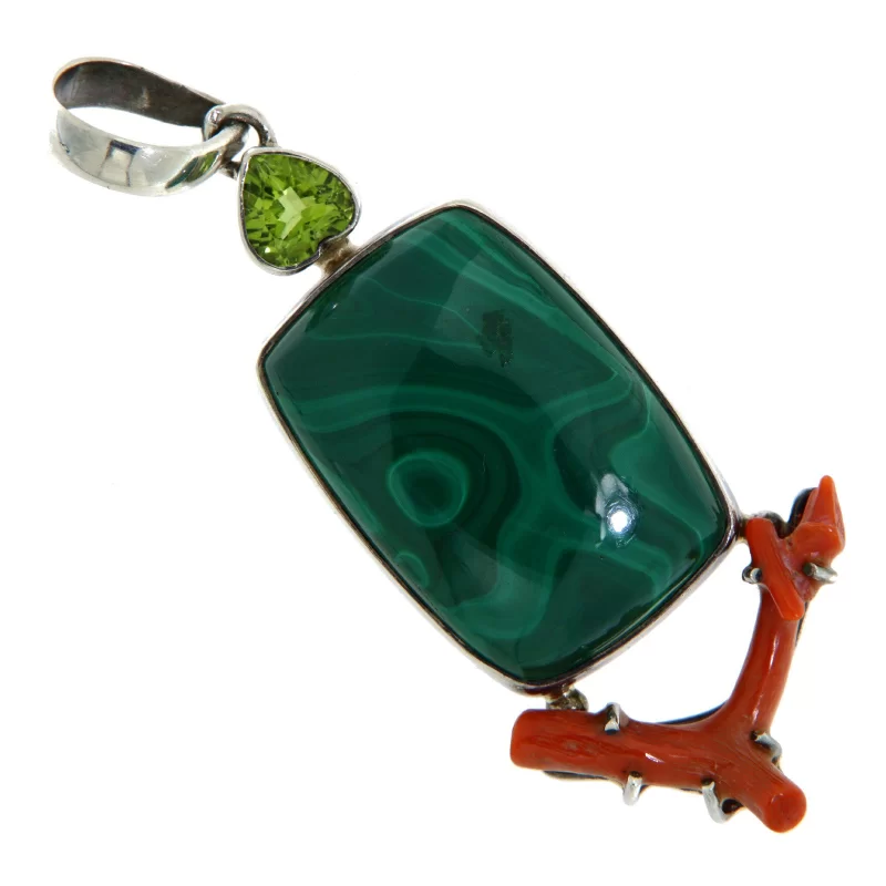 Pandant din Argint 925 Malachit Coral Peridot Naturale - Sinergie de Culori și Energie