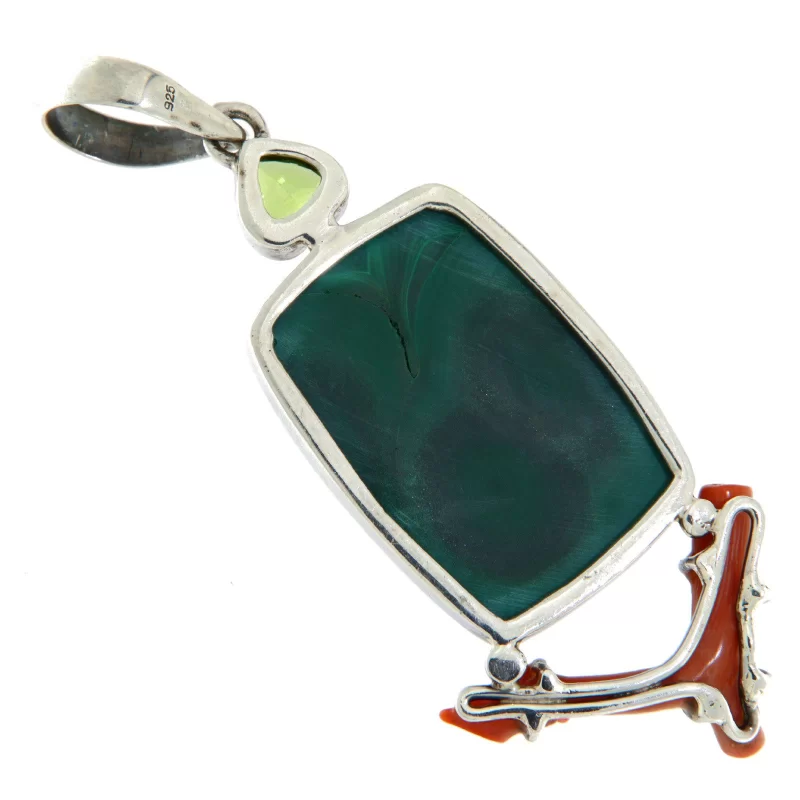 Pandant din Argint 925 Malachit Coral Peridot Naturale - Sinergie de Culori și Energie