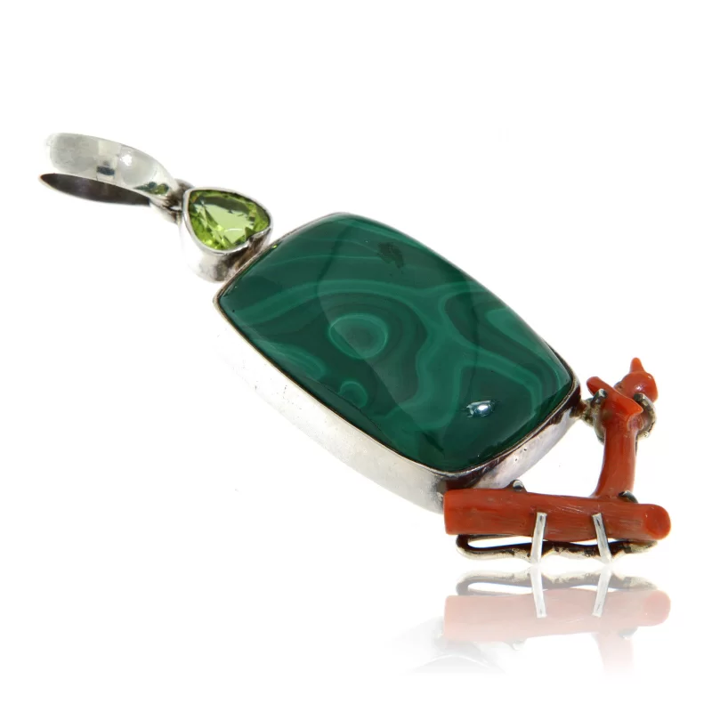 Pandant din Argint 925 Malachit Coral Peridot Naturale - Sinergie de Culori și Energie