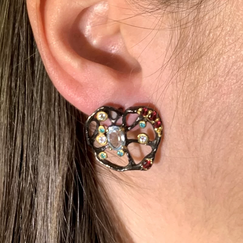 Cercei Argint 925 Rodiu negru Accente aurite Topaz Granat Naturale Cubic zirconia - Eleganta si Stralucire