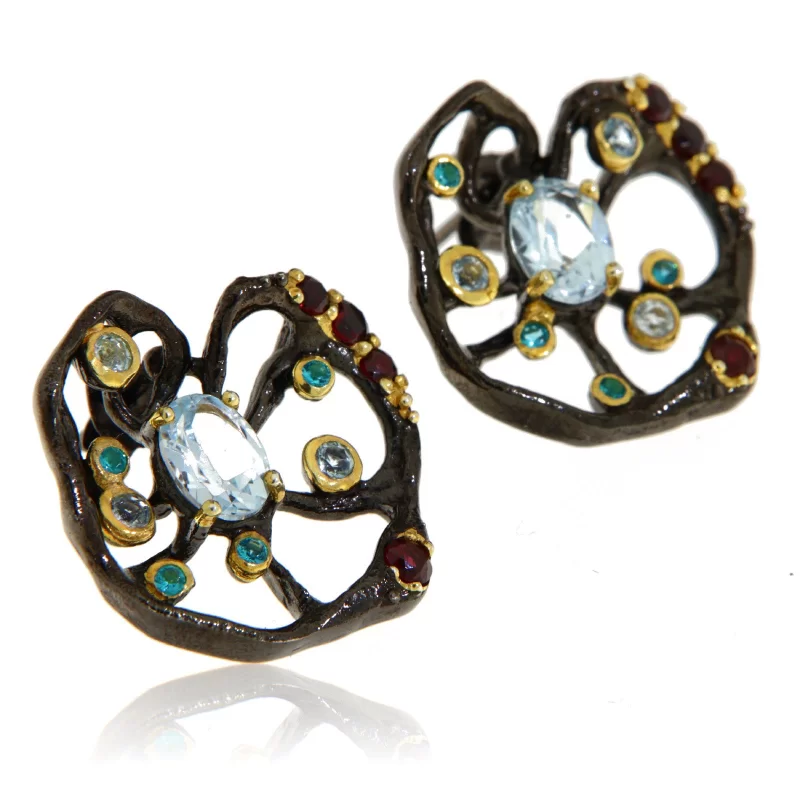 Cercei Argint 925 Rodiu negru Accente aurite Topaz Granat Naturale Cubic zirconia - Eleganta si Stralucire