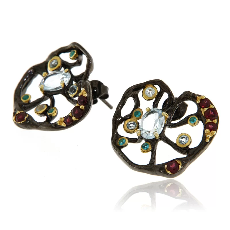 Cercei Argint 925 Rodiu negru Accente aurite Topaz Granat Naturale Cubic zirconia - Eleganta si Stralucire