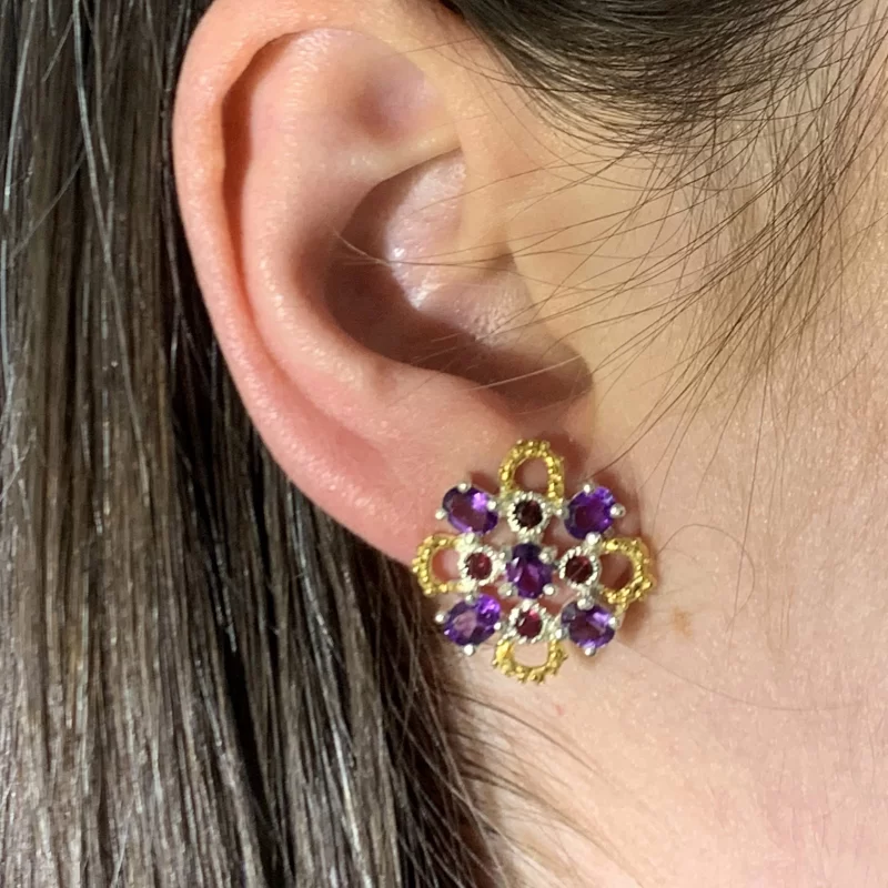 Cercei Argint 925 Accente aurite Ametist Granat Naturale - Eleganta si Culoare