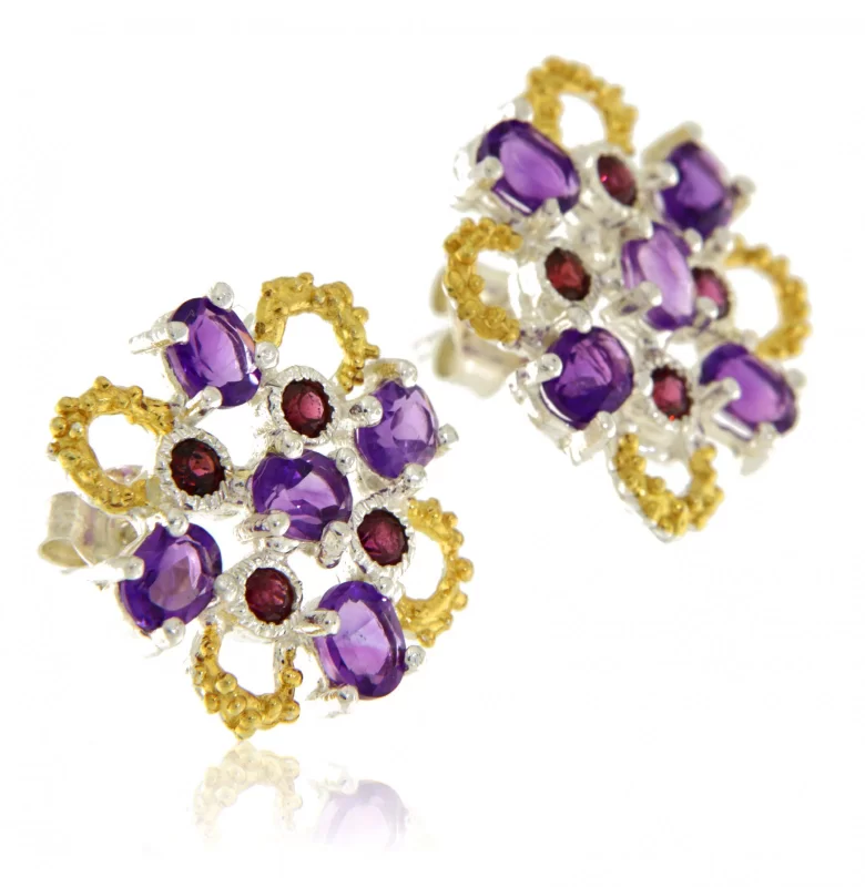 Cercei Argint 925 Accente aurite Ametist Granat Naturale - Eleganta si Culoare