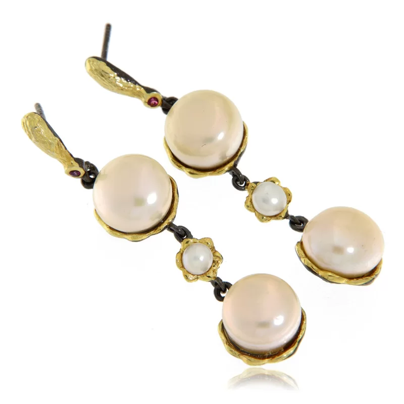 Cercei Argint 925 Rodiu negru Accente aurite Perle de cultura Naturale - Eleganta si Rafinament
