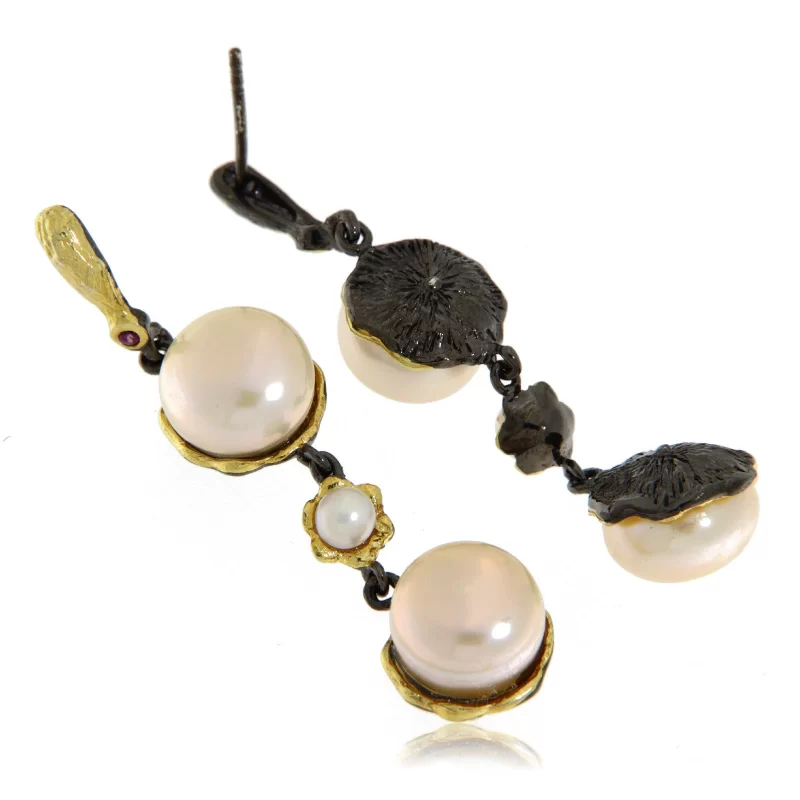 Cercei Argint 925 Rodiu negru Accente aurite Perle de cultura Naturale - Eleganta si Rafinament