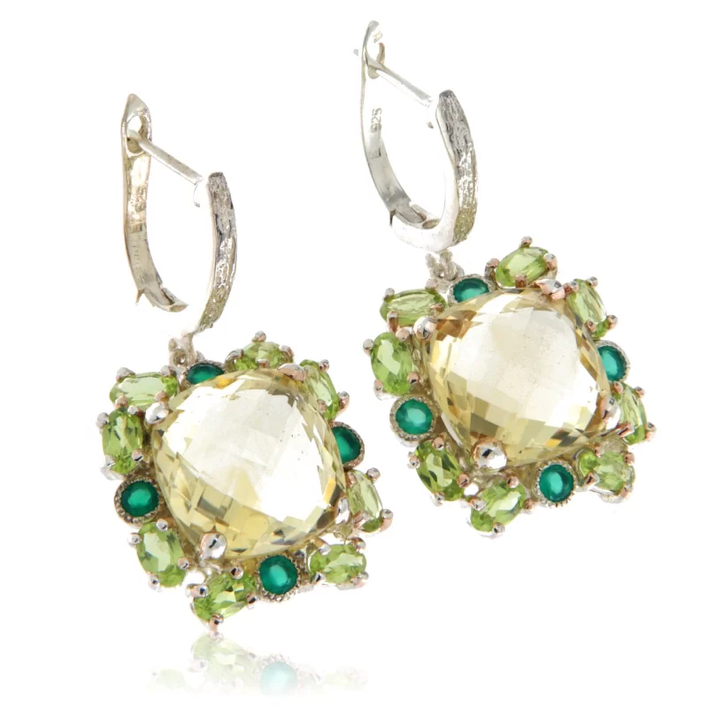 Cercei Argint 925 Accente aurite Citrin Peridot Onix verde Naturale - Stralucire si Delicatete