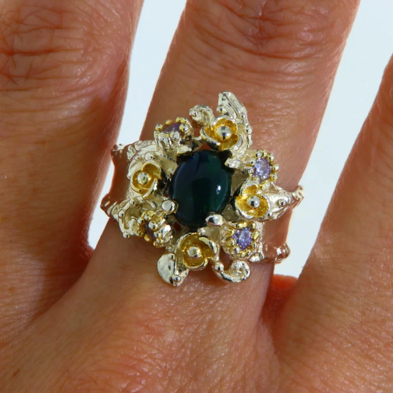 Inel Argint 925 Accente aurite Opal negru Natural Cubic zirconia - Eleganta si Mister