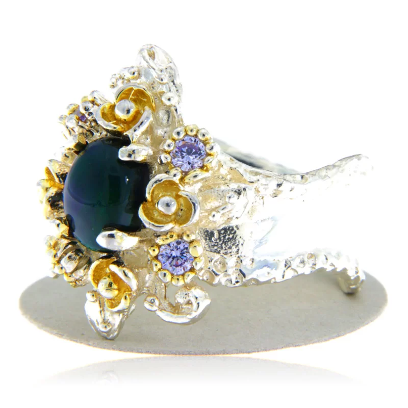 Inel Argint 925 Accente aurite Opal negru Natural Cubic zirconia - Eleganta si Mister