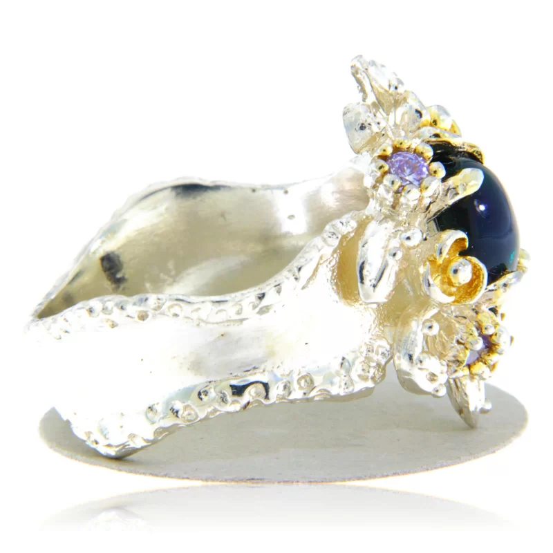 Inel Argint 925 Accente aurite Opal negru Natural Cubic zirconia - Eleganta si Mister