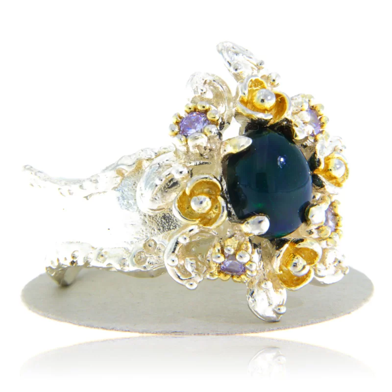 Inel Argint 925 Accente aurite Opal negru Natural Cubic zirconia - Eleganta si Mister