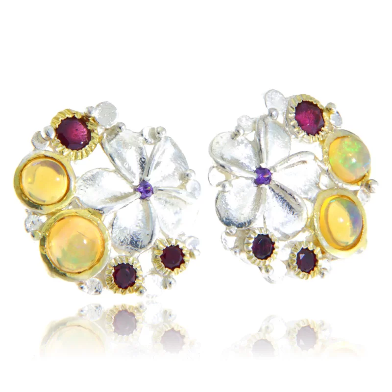 Cercei Argint 925 Accente aurite Opal Granat Naturale - Eleganta si Culoare