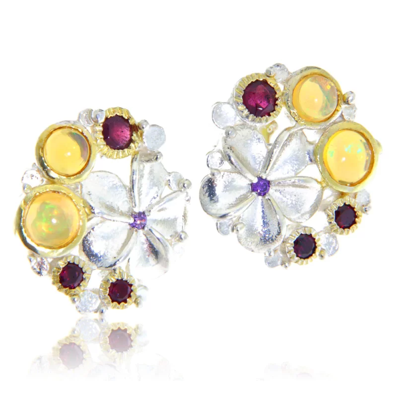 Cercei Argint 925 Accente aurite Opal Granat Naturale - Eleganta si Culoare