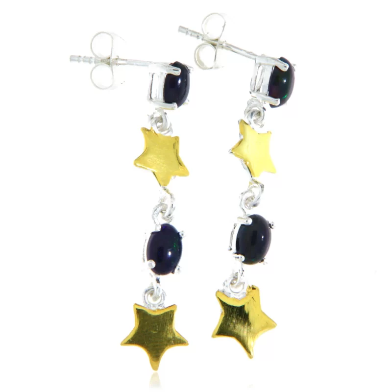 Cercei Argint 925 Accente aurite Opal Negru Natural - Mister si Eleganta