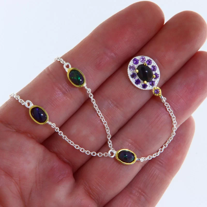 Colier Argint 925 Accente Aurite Opal Negru Ametist Naturale - Magie si Echilibru