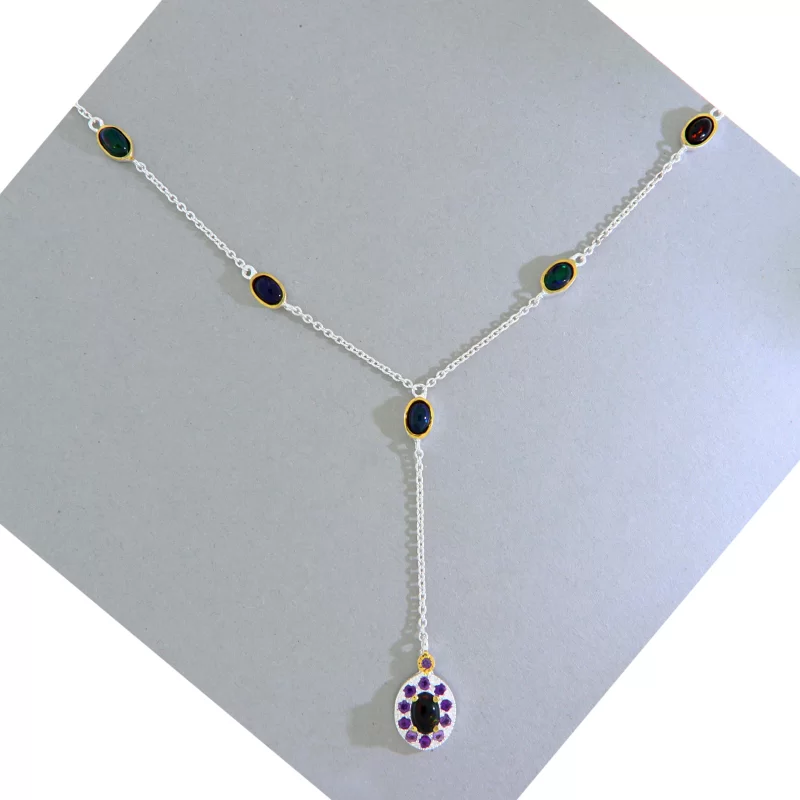 Colier Argint 925 Accente Aurite Opal Negru Ametist Naturale - Magie si Echilibru