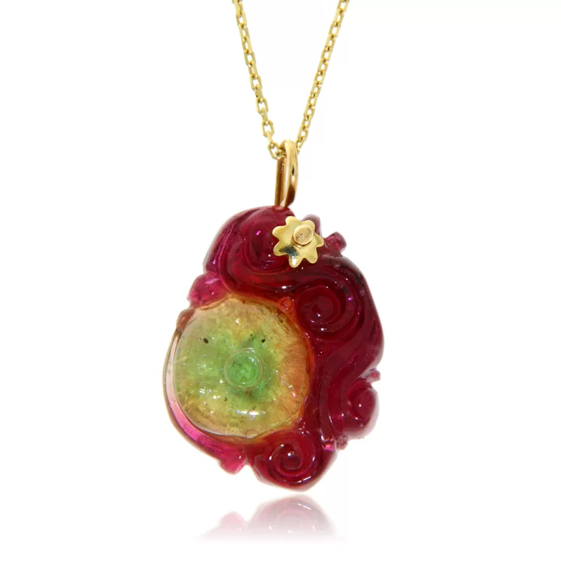 Pandantiv cu lantisor Aur Galben 14k Turmalina Watermelon Pepene Verde Naturala - Eleganta si Culoare
