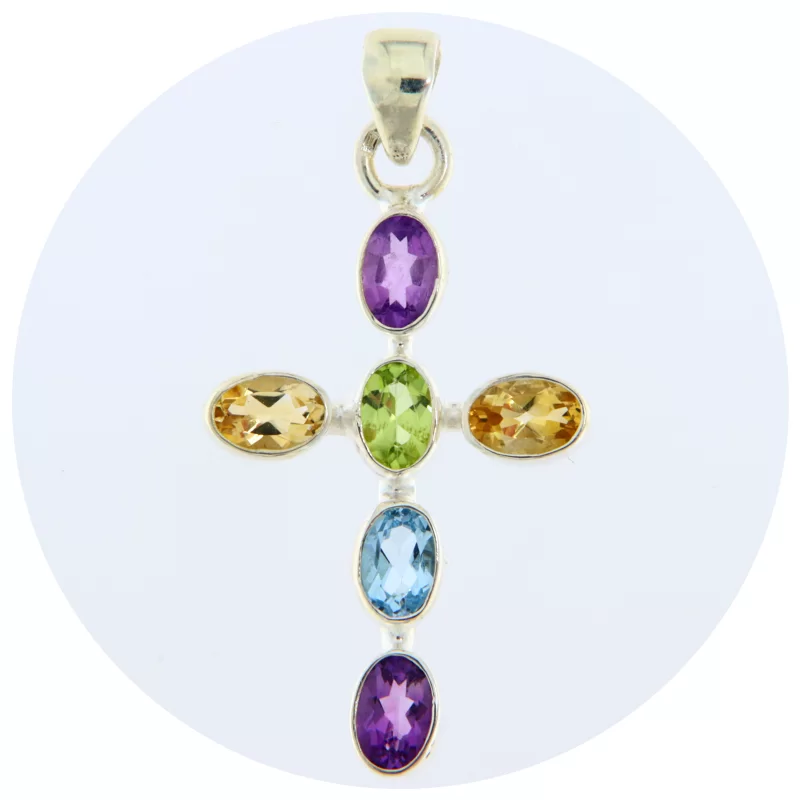 Pandantiv Argint 925 Cruce Ametist Citrin Peridot Topaz Naturale - Eleganta Multicolora