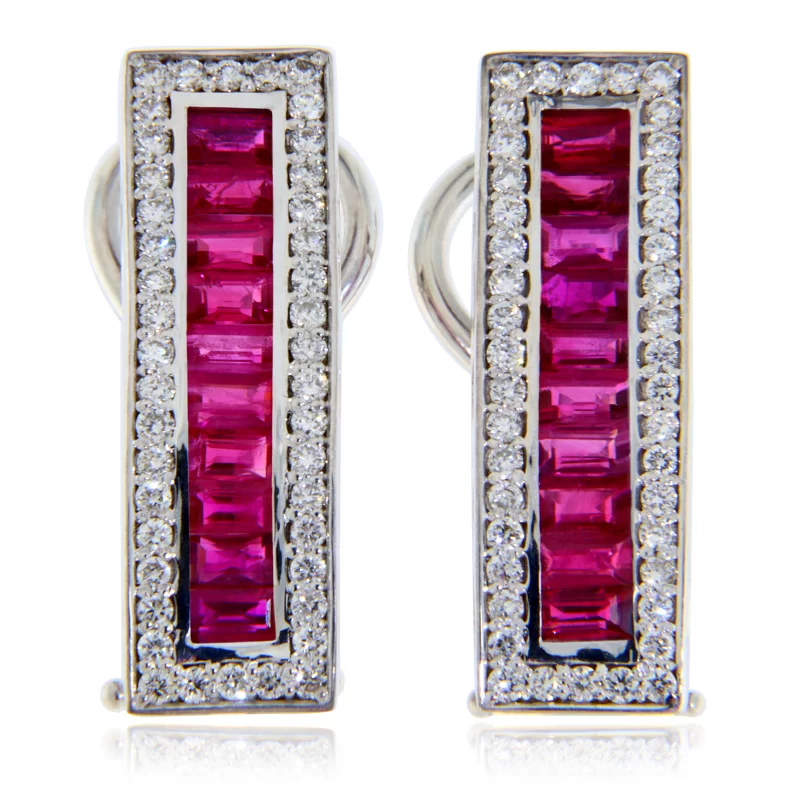 Cercei Aur Alb 14 k Bagheta Rubine Diamante Naturale - Vibratie Coloristica si Rafinament