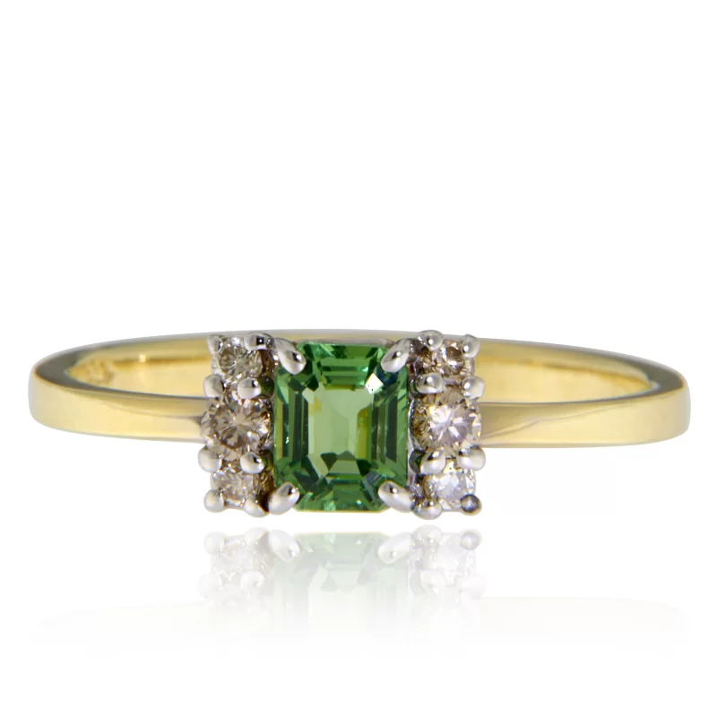 Inel Aur Galben 14k Partial Rodiat Safir Verde Diamante Naturale - Rafinament si Stil