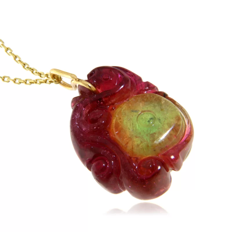 Pandantiv cu lantisor Aur Galben 14k Turmalina Watermelon Pepene Verde Naturala - Eleganta si Culoare