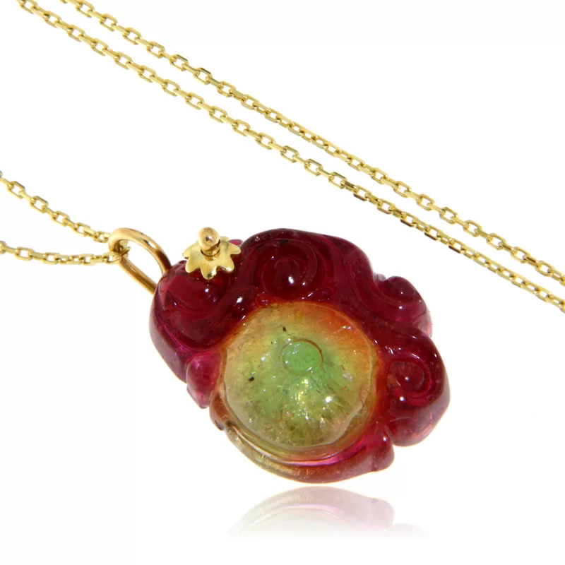Pandantiv cu lantisor Aur Galben 14k Turmalina Watermelon Pepene Verde Naturala - Eleganta si Culoare