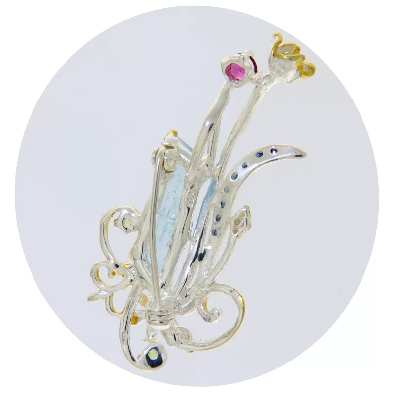 Pandantiv Brosa din Argint 925 Accente Aurite Acvamarin Safire Rodolit Peridot Naturale