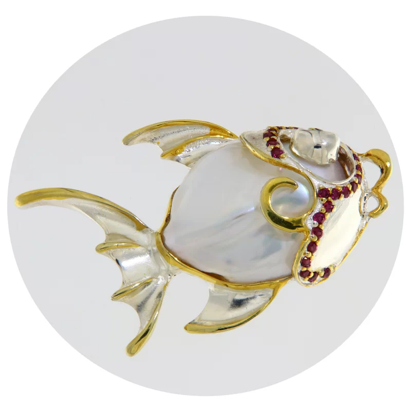 Brosa Argint 925 Accente Aurite Perla Baroque Granat Rodolit Naturale - Eleganta si Sofisticata