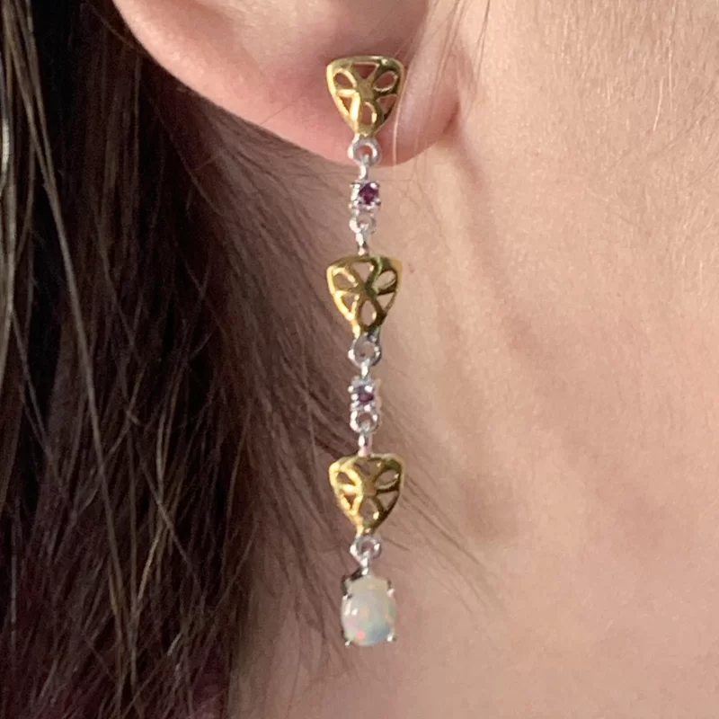 Cercei Argint 925 Accente aurite Opal Granat Rodolit Naturale - Stralucire si Eleganta Unica