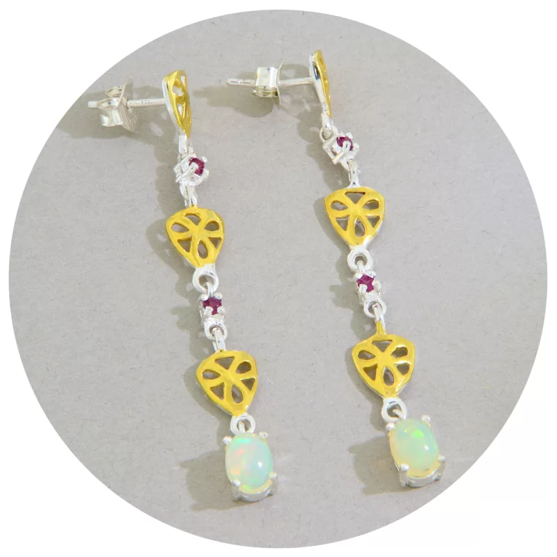 Cercei Argint 925 Accente aurite Opal Granat Rodolit Naturale - Stralucire si Eleganta Unica