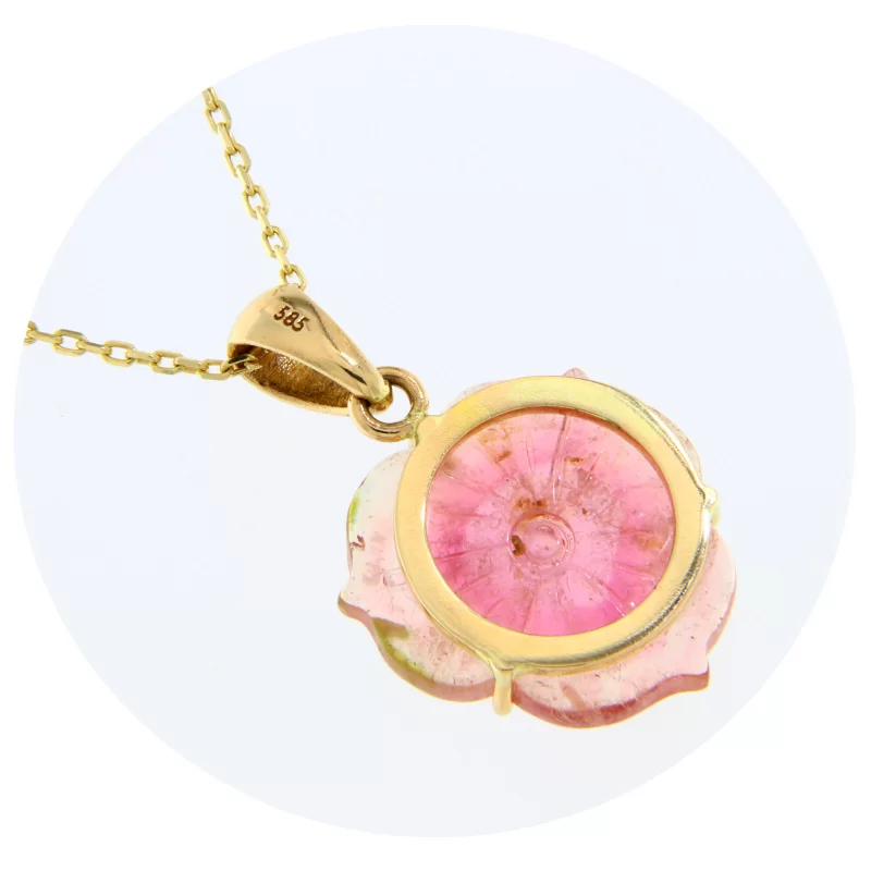Pandantiv cu lantisor Aur Galben 14k Turmalina Roz Naturala Gravata Manual - Eleganta si Delicatete