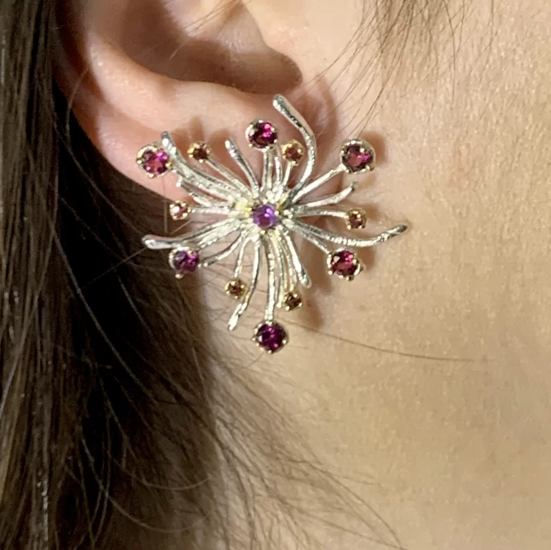 Cercei Argint 925 Accente Aurite Granat Rodolit Ametist Naturale - Eleganta si Culori Vibrante