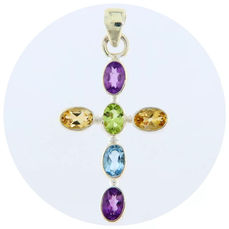 Pandantiv Argint 925 Cruce Ametist Citrin Peridot Topaz Naturale - Eleganta Multicolora