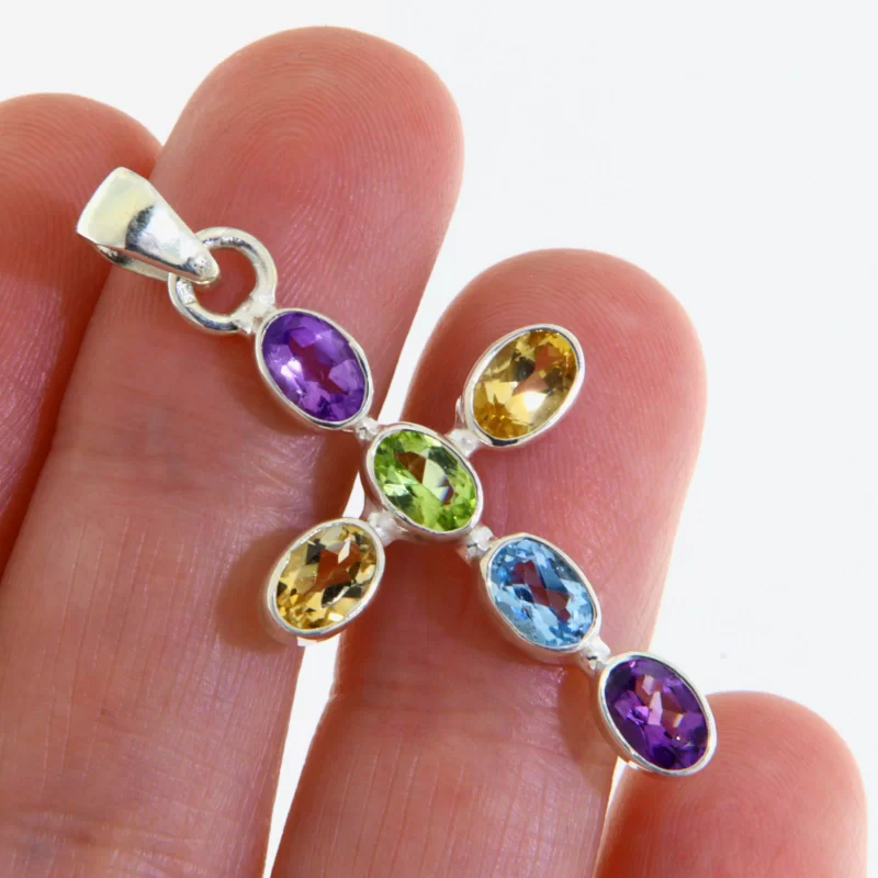 Pandantiv Argint 925 Cruce Ametist Citrin Peridot Topaz Naturale - Eleganta Multicolora