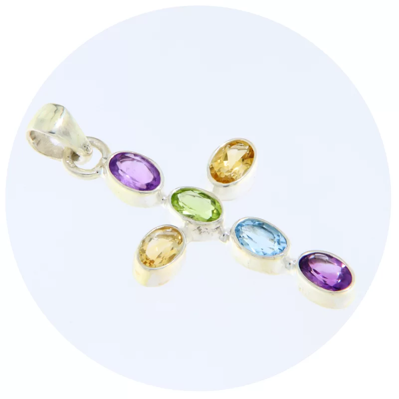 Pandantiv Argint 925 Cruce Ametist Citrin Peridot Topaz Naturale - Eleganta Multicolora