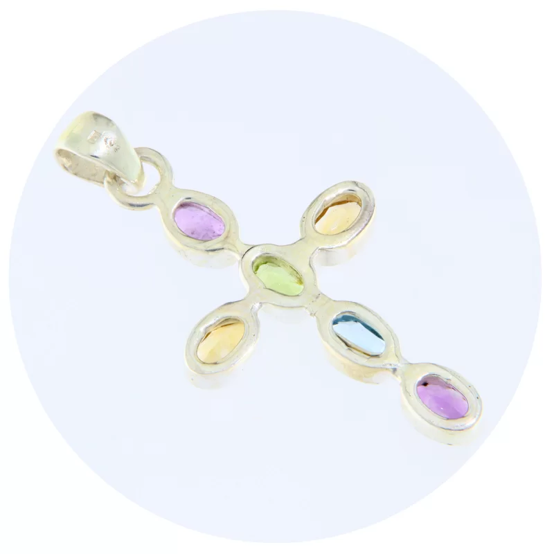 Pandantiv Argint 925 Cruce Ametist Citrin Peridot Topaz Naturale - Eleganta Multicolora
