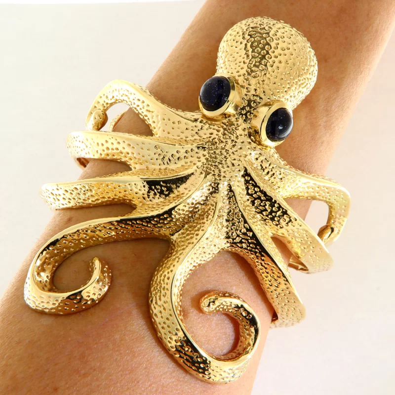 Bratara Masiva Aur Galben 14k Octopus Piatra Soarelui Lab - Design Impresionant