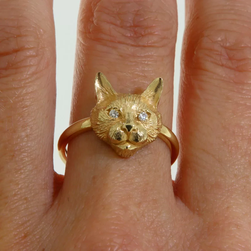 Inel Aur 14k Galben Diamante Naturale Pisica - Cool Exquisite Cat