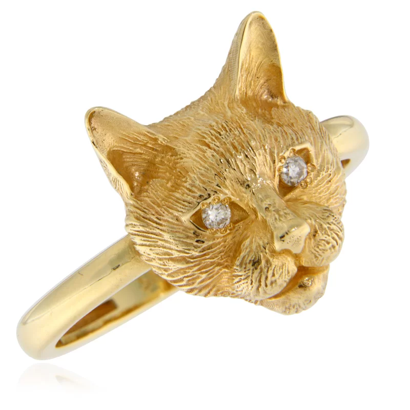 Inel Aur 14k Galben Diamante Naturale Pisica - Cool Exquisite Cat