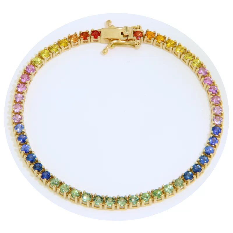 Bratara Tennis Aur Galben 14k Safire Multicolore Naturale Lucrata Manual - Maiestrie si Finete