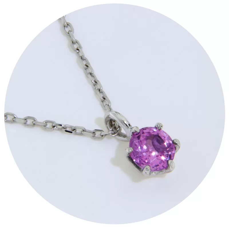 Pandantiv cu Lant nedetasabil Aur Alb 14 k Safir Roz Natural - Eleganta si Delicatete