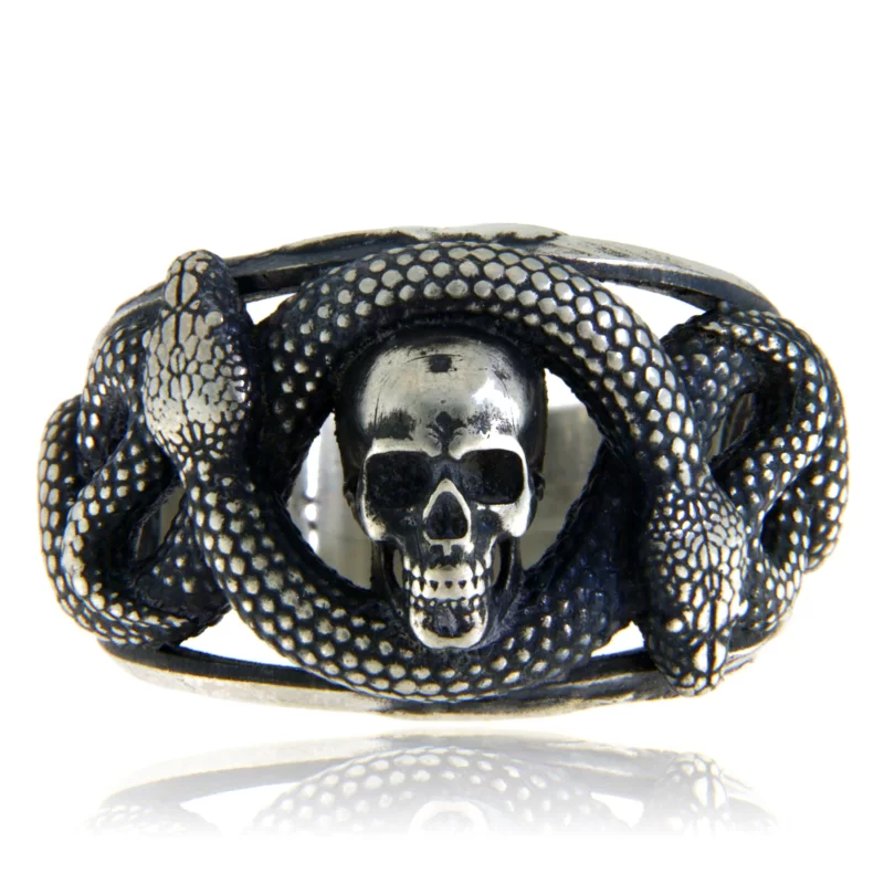 Inel Barbatesc Argint 925 Oxidat Vintage Gothic Double Headed Snake Skull