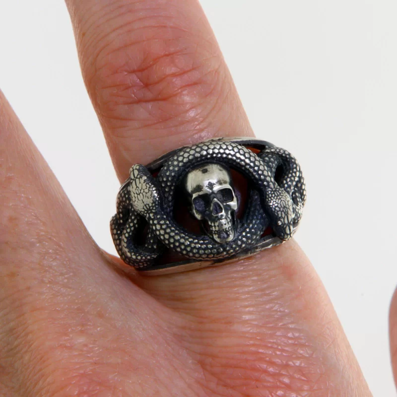 Inel Barbatesc Argint 925 Oxidat Vintage Gothic Double Headed Snake Skull