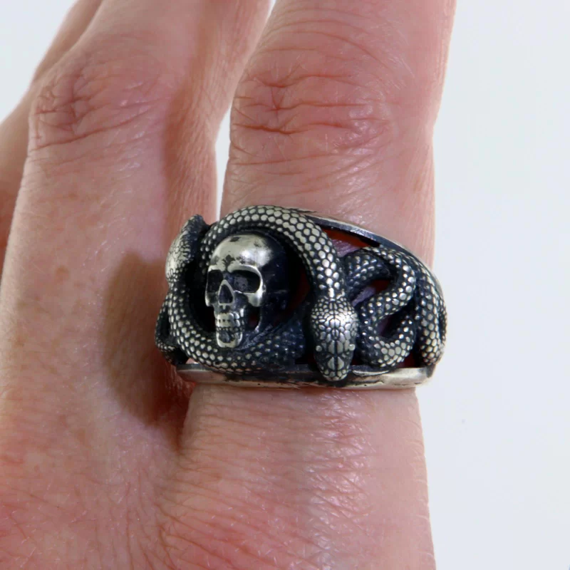 Inel Barbatesc Argint 925 Oxidat Vintage Gothic Double Headed Snake Skull