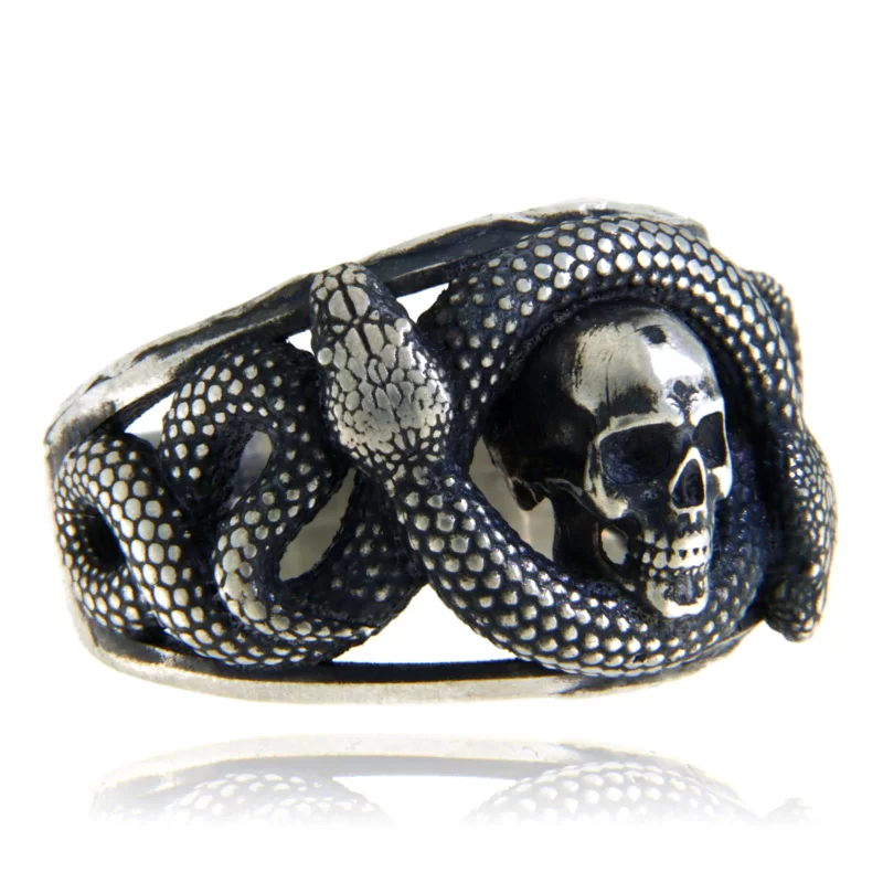 Inel Barbatesc Argint 925 Oxidat Vintage Gothic Double Headed Snake Skull