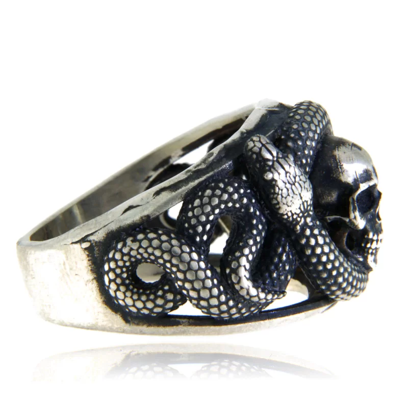 Inel Barbatesc Argint 925 Oxidat Vintage Gothic Double Headed Snake Skull
