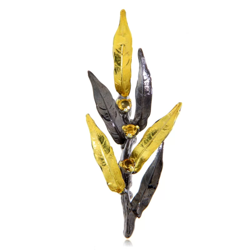 Pandantiv si Brosa din Argint 925 Rodiu Negru Accente Aurite Citrin Natural - Eleganta Versatila